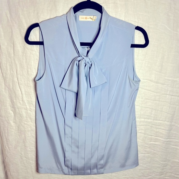 Tory Burch Tops - Silk Tory Burch no sleeve with bow robin blue blouse! Perfect condition!
